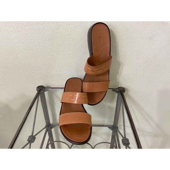 Etienne Aigner Leather Sandals women’s size 8.5 Tan Wedge Heel Slides - Picture 2 of 11